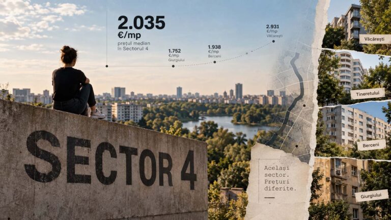Radiografia anunțurilor publicate direct de proprietari în Sectorul 4 al Bucureștiului, cu prețul median cerut de 2.035 de euro pe metru pătrat și 99.939 de euro pe apartament, pe 490 de anunțuri, de la 1.752 de euro în Giurgiului la 2.931 în Văcărești.
