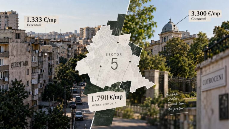Radiografia anunțurilor publicate direct de proprietari în Sectorul 5 al Bucureștiului, cu prețul median cerut de 1.790 de euro pe metru pătrat și 89.990 de euro pe apartament, pe 351 de anunțuri, de la 1.333 de euro în Ferentari la 3.300 în Cotroceni.