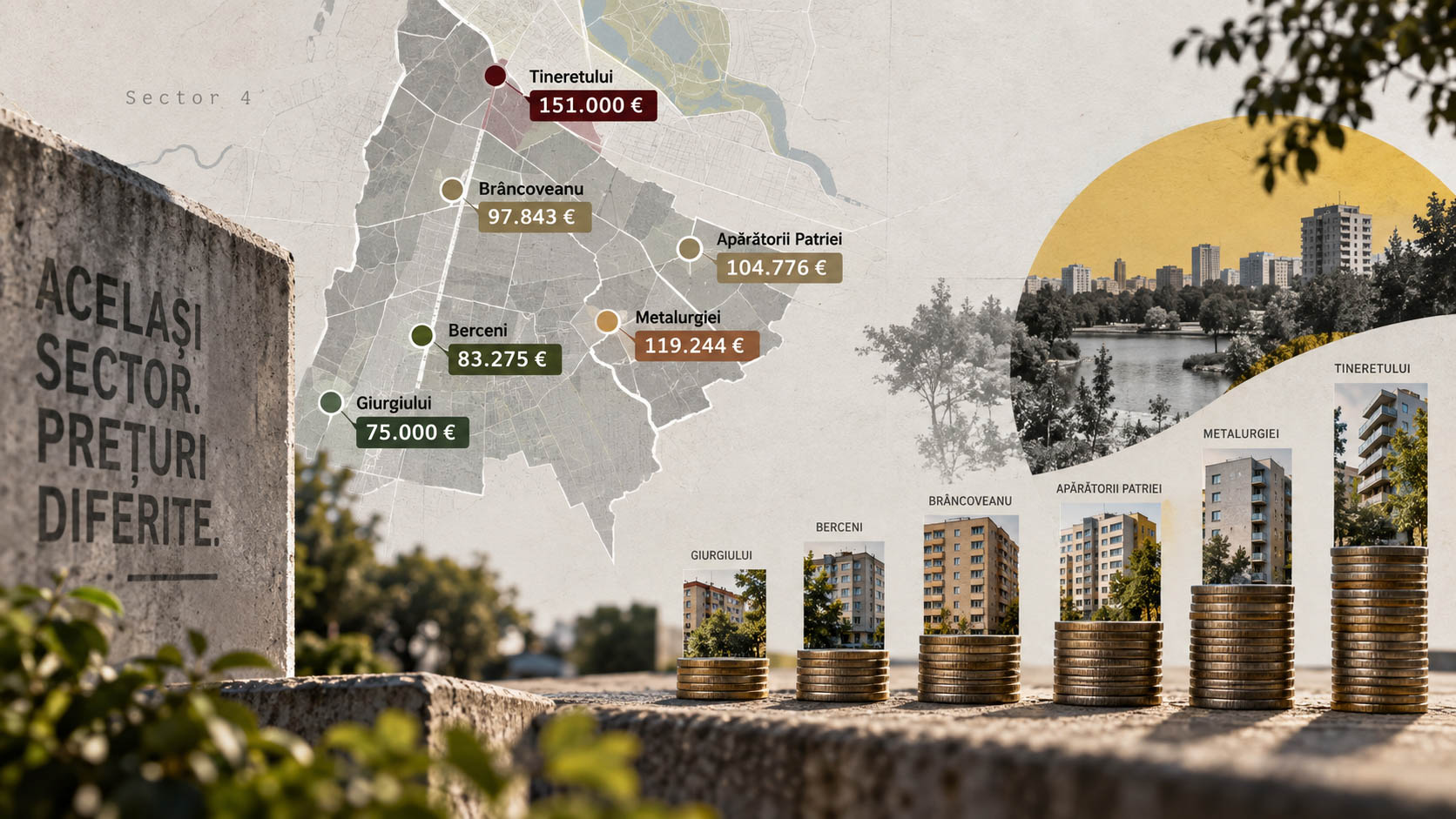 Radiografia anunțurilor de apartamente cu două camere publicate direct de proprietari în Sectorul 4 al Bucureștiului, cu prețul median cerut de 93.018 de euro, adică 1.974 de euro pe metru pătrat, pe 219 anunțuri.