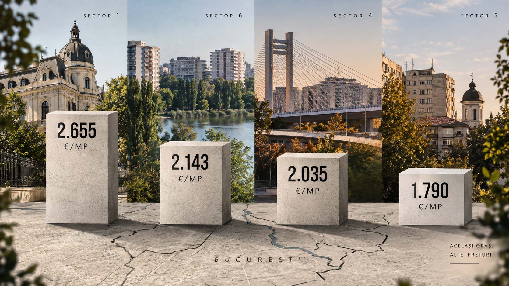Radiografia anunțurilor publicate direct de proprietari în Sectoarele 1, 4, 5 și 6 ale Bucureștiului, cu prețul median cerut de 2.655 de euro pe metru pătrat în Sectorul 1 și 1.790 de euro în Sectorul 5, cel mai accesibil dintre cele patru.