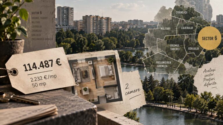 Radiografia anunțurilor de apartamente cu două camere publicate direct de proprietari în Sectorul 6 al Bucureștiului, cu prețul median cerut de 114.487 de euro, adică 2.232 de euro pe metru pătrat, pe 222 de anunțuri.