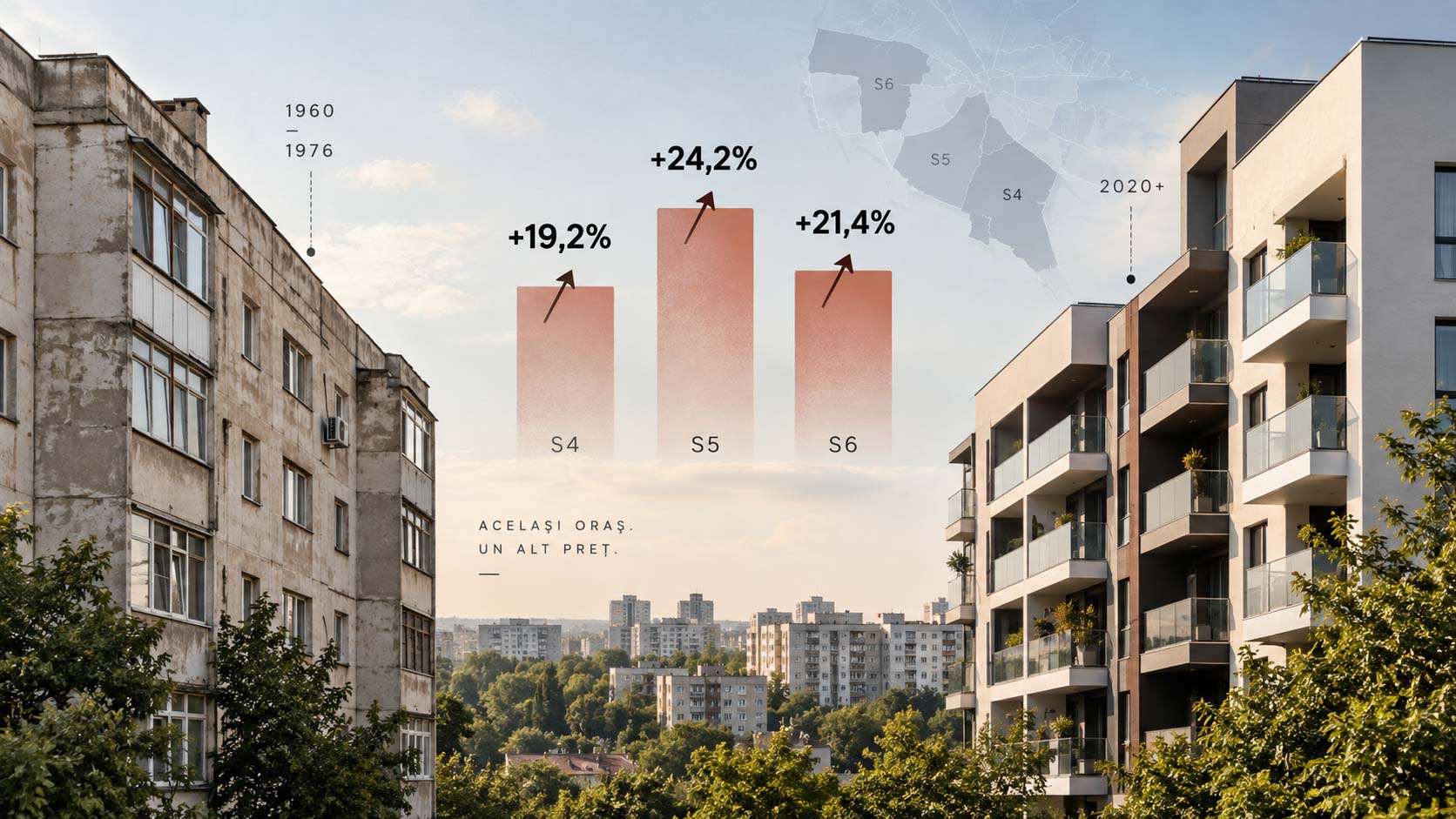 Blocul nou în Sectoarele 4, 5 și 6 ale Bucureștiului: în anunțurile publicate direct de proprietari, blocurile construite din 2020 încoace au cerut cu 19,2%, 24,2% și 21,4% mai mult pe metru pătrat decât cele din 1960–1976.