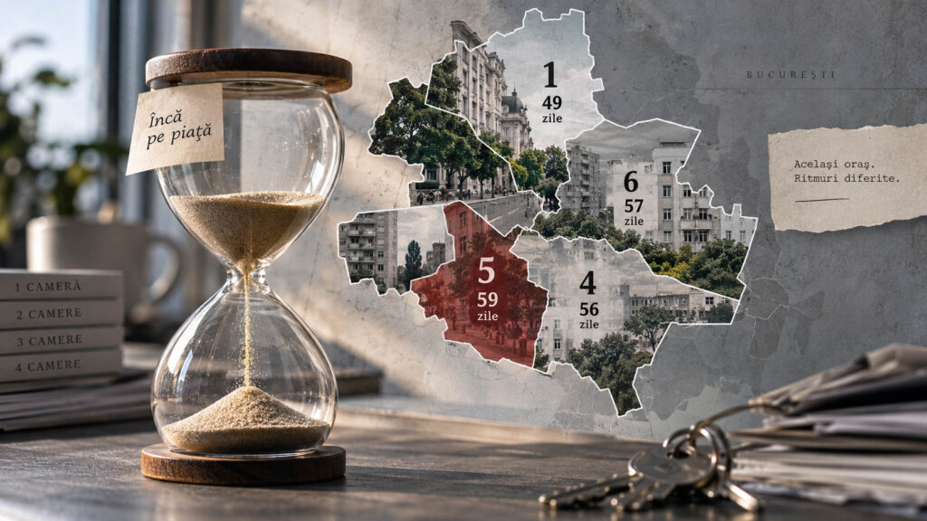 Radiografia vechimii anunțurilor publicate direct de proprietari în Sectoarele 1, 4, 5 și 6 ale Bucureștiului, cu o mediană de 59 de zile în Sectorul 5, unde 37% dintre anunțuri trec de 90 de zile, și de 49 de zile în Sectorul 1, cel mai rapid din grup.