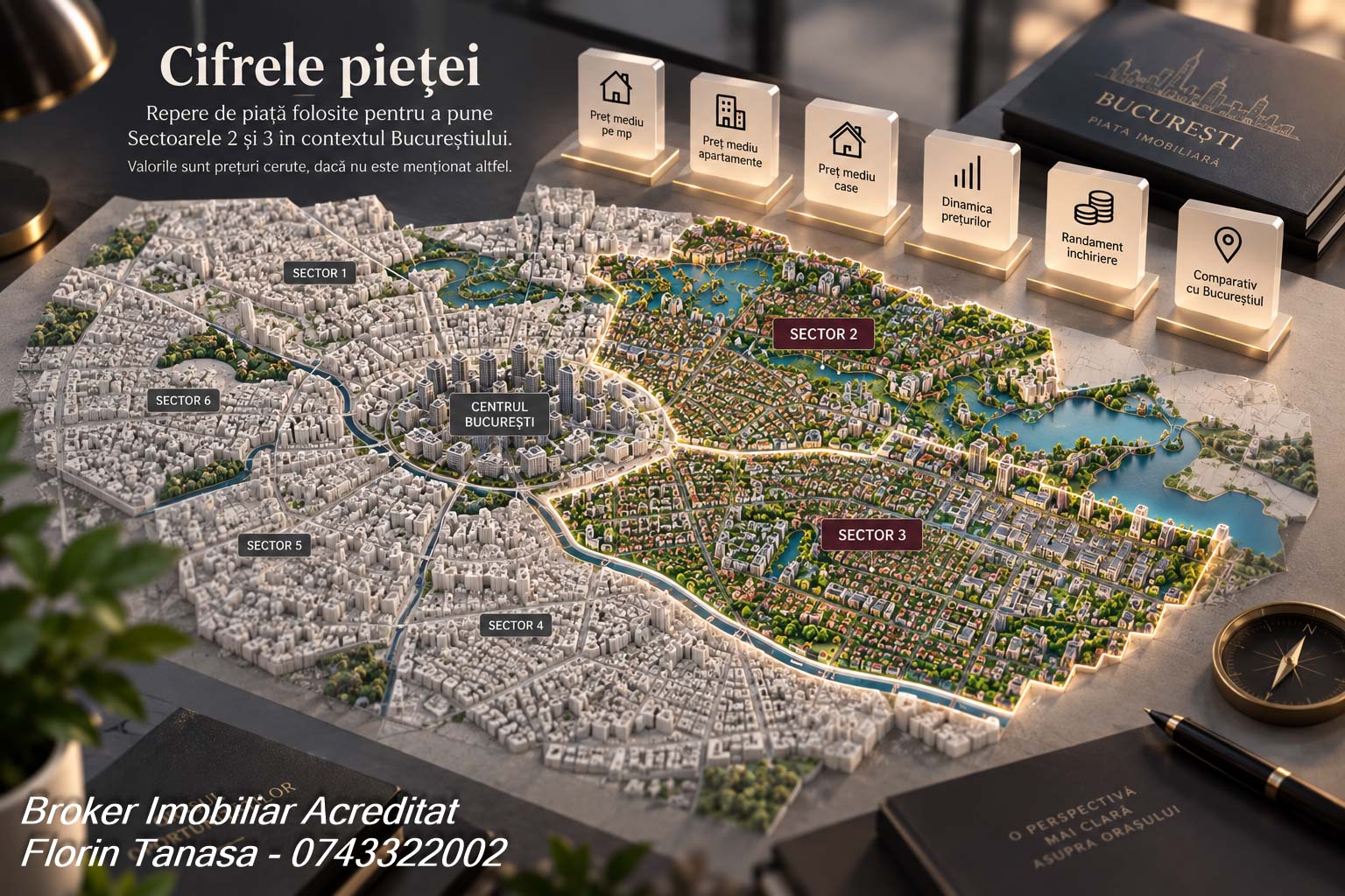 Piața imobiliară din București, cu Sectoarele 2 și 3 evidențiate pe fundalul orașului