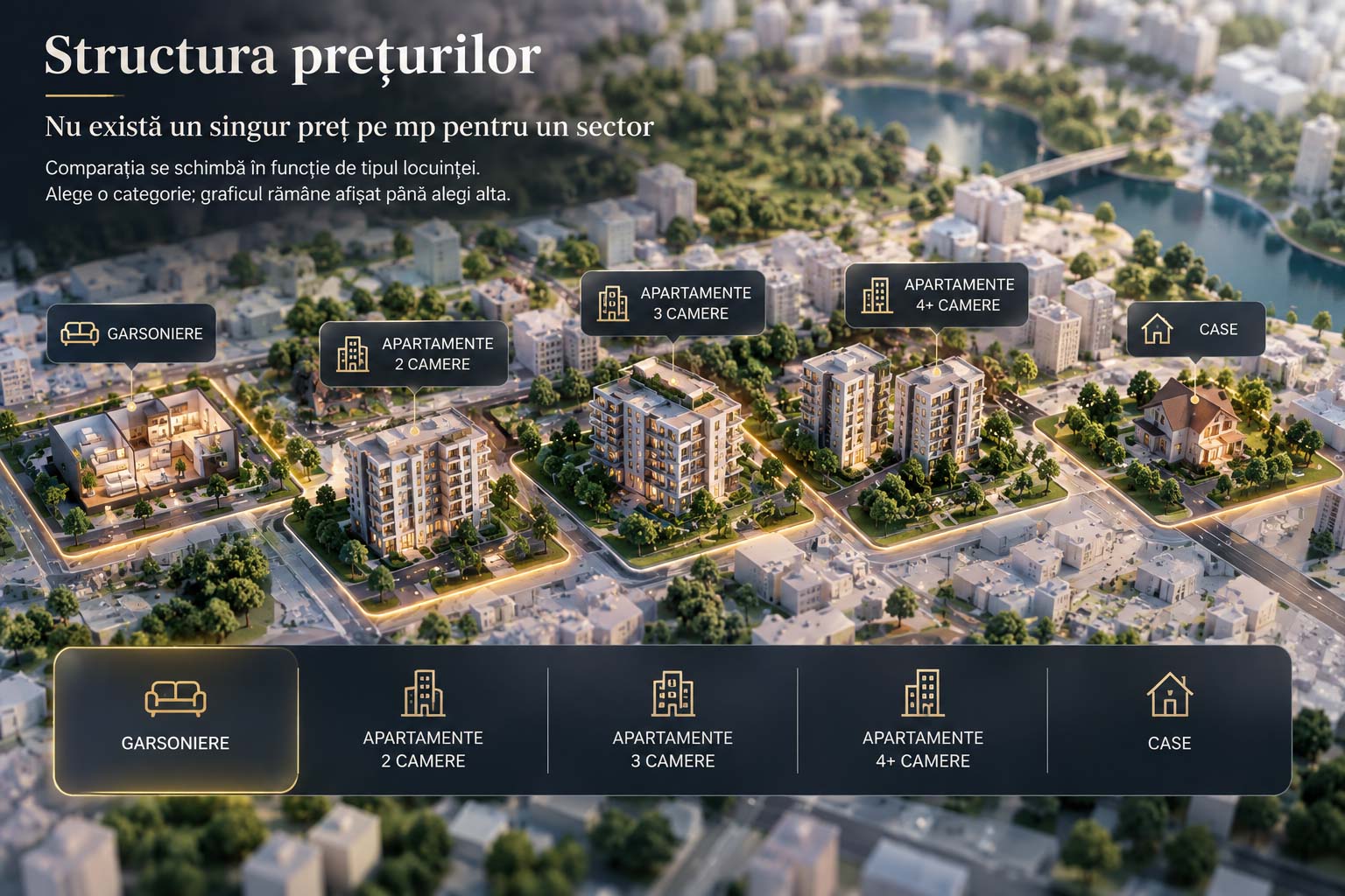 Structura prețurilor pe tipuri de locuință în Sectoarele 2 și 3: garsoniere, două camere, trei camere, patru camere și case, comparate pe metru pătrat