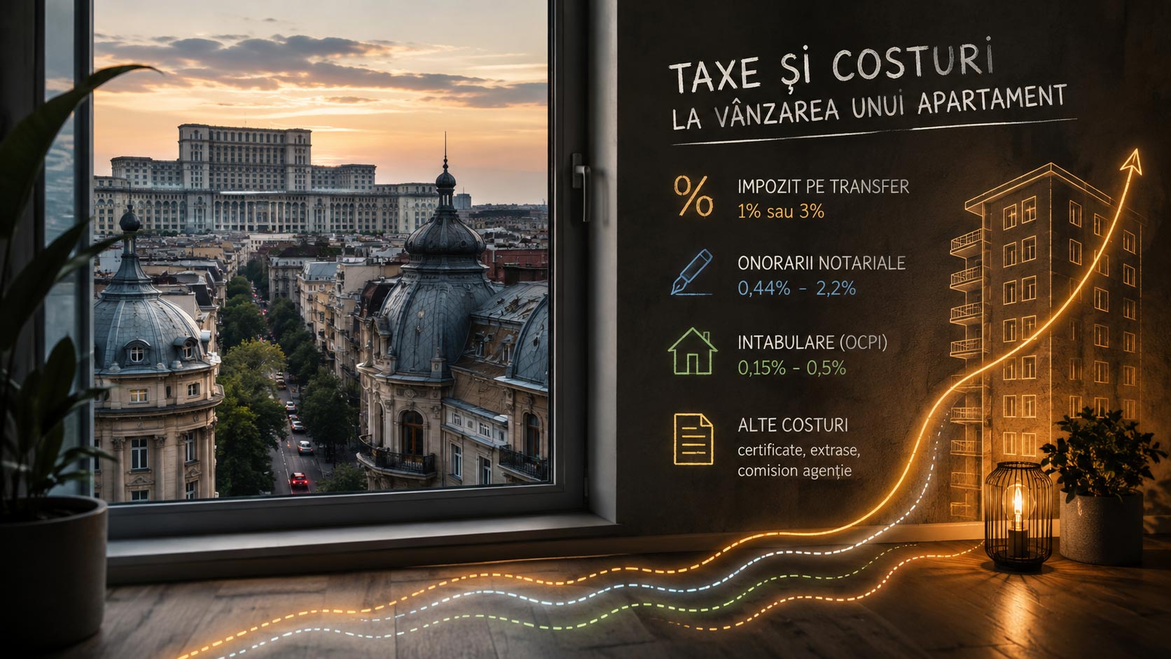 Infografic cu taxele la vânzarea unui apartament în București, pe peretele unei camere cu fereastră spre Palatul Parlamentului la apus