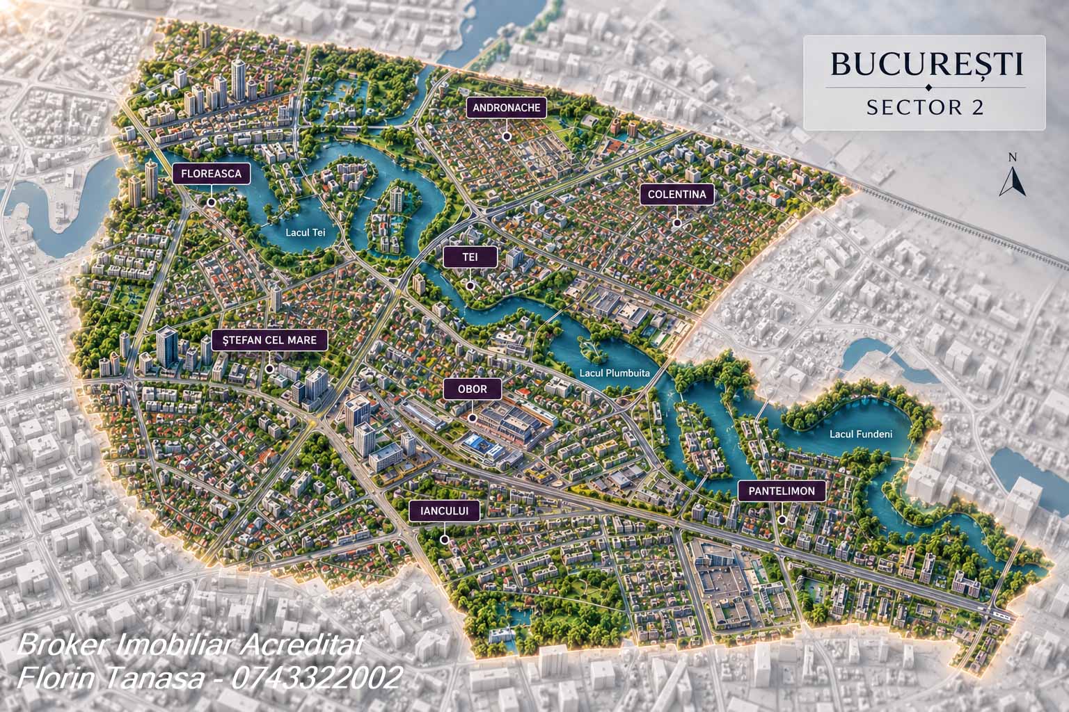 Hartă izometrică a Sectorului 2 din București, cu Floreasca, Tei, Colentina, Pantelimon, Obor, Iancului și Vatra Luminoasă