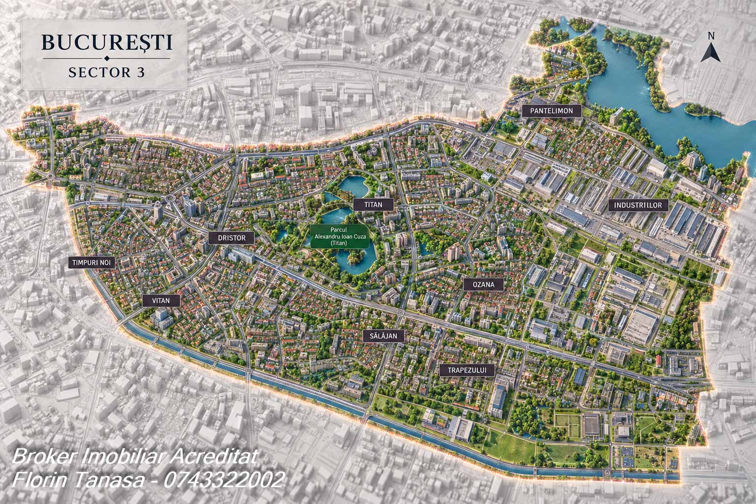 Hartă izometrică a Sectorului 3 din București, cu Titan, Balta Albă, Dristor, Vitan, Unirii, Decebal și Theodor Pallady