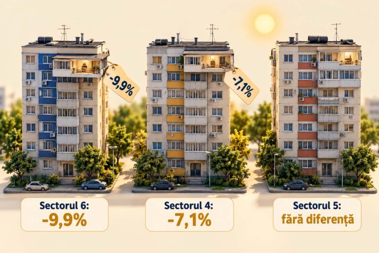 Prețul cerut la ultimul etaj în Sectoarele 4, 5 și 6: în Sectorul 6 cu 9,9% sub mediana cartierului, pe 56 de anunțuri de proprietari, în Sectorul 4 cu 7,1%, iar în Sectorul 5 fără diferență.