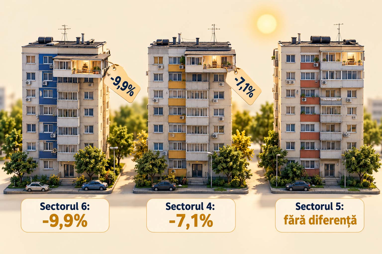 Prețul cerut la ultimul etaj în Sectoarele 4, 5 și 6: în Sectorul 6 cu 9,9% sub mediana cartierului, pe 56 de anunțuri de proprietari, în Sectorul 4 cu 7,1%, iar în Sectorul 5 fără diferență.