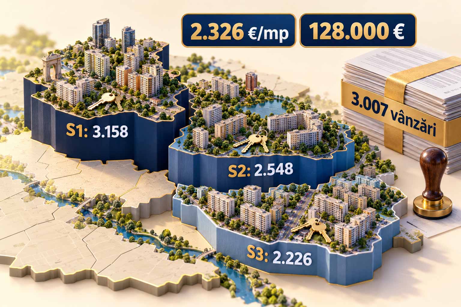 Prețul apartamentelor vândute în București în 2026: median 2.326 de euro pe metru pătrat și 128.000 de euro pe locuință, din 3.007 vânzări încheiate între ianuarie și septembrie.