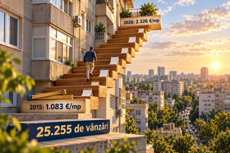Evoluția prețului median de vânzare al apartamentelor din București, de la 1.083 de euro pe metru pătrat în 2015 la 2.326 în 2026, din 25.255 de vânzări încheiate.