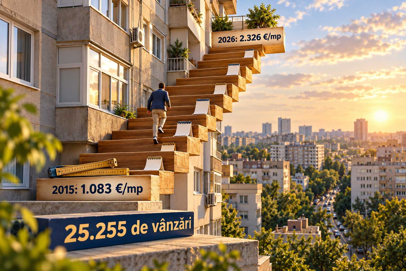 Evoluția prețului median de vânzare al apartamentelor din București, de la 1.083 de euro pe metru pătrat în 2015 la 2.326 în 2026, din 25.255 de vânzări încheiate.