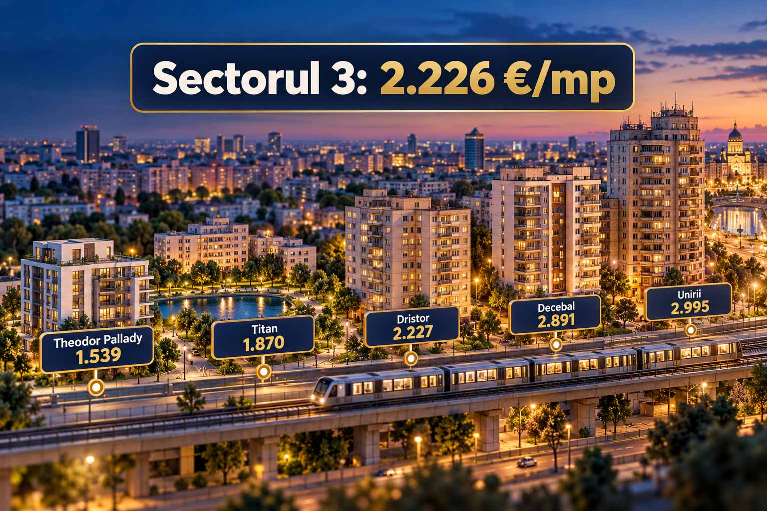 Prețurile la care s-au vândut apartamentele din Sectorul 3 în 2026: median 2.226 de euro pe metru pătrat, de la 1.539 în Theodor Pallady și 1.870 în Titan la 2.995 în Unirii.