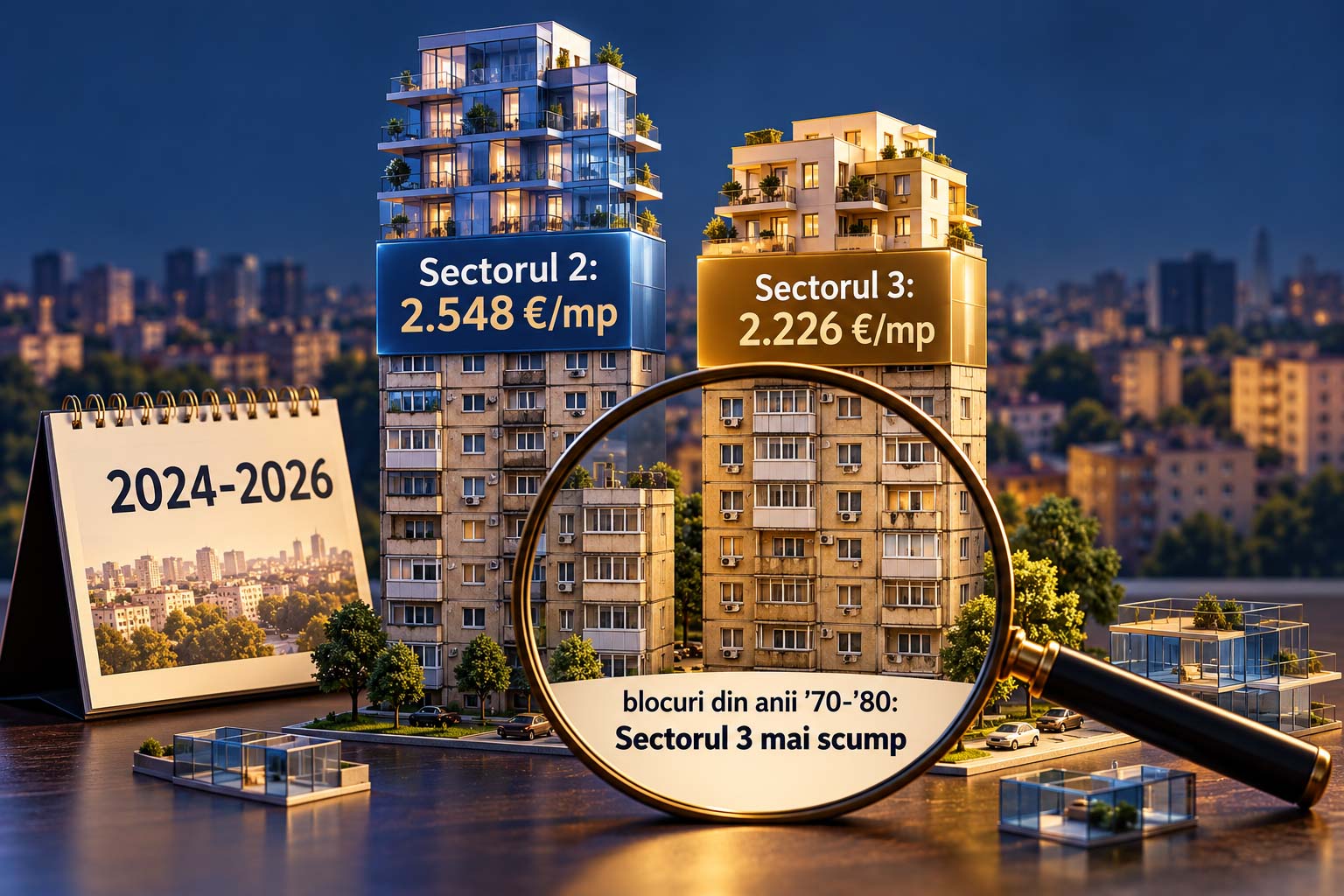 Prețul median de vânzare a urcat din 2024 până în 2026 de la 1.850 la 2.548 de euro pe metru pătrat în Sectorul 2 și de la 1.744 la 2.226 în Sectorul 3; la blocurile din anii '70 și '80, Sectorul 3 rămâne mai scump.