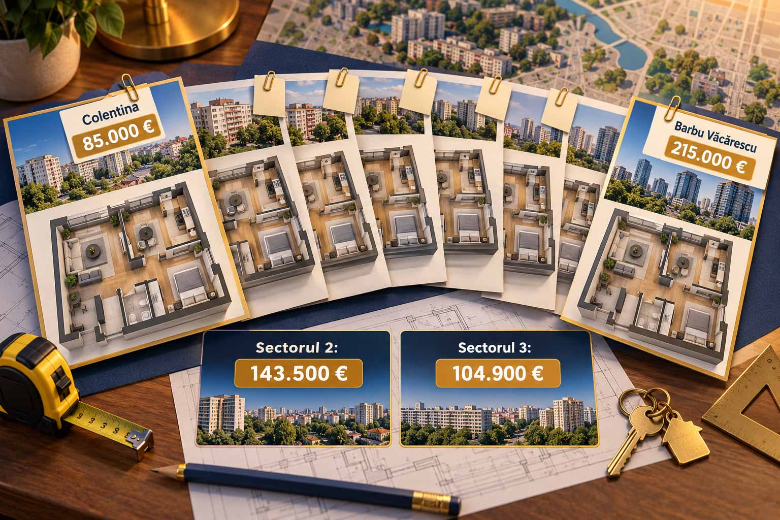 Prețul de vânzare al apartamentelor cu 2 camere în 2026: 143.500 de euro median în Sectorul 2 și 104.900 în Sectorul 3, de la 85.000 în Colentina la 215.000 în Barbu Văcărescu.