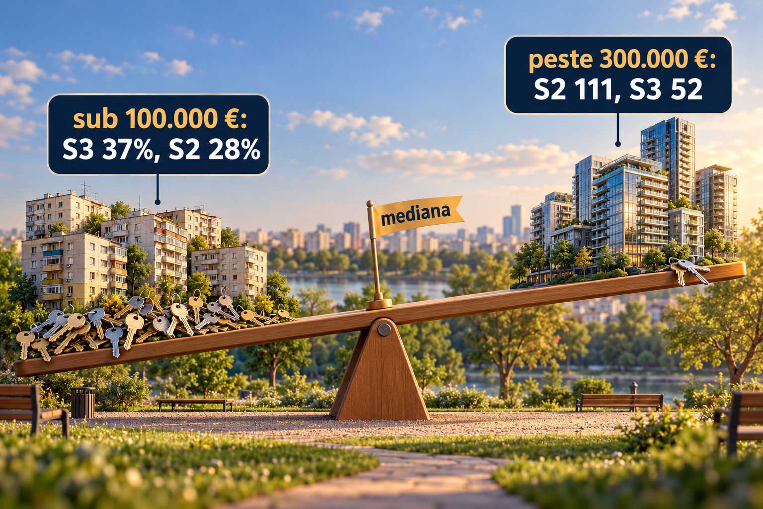 Apartamentele vândute în 2025-2026 sub 100.000 și peste 300.000 de euro: 37% sub 100.000 în Sectorul 3 și 28% în Sectorul 2; peste 300.000, 111 vânzări în Sectorul 2 și 52 în Sectorul 3.
