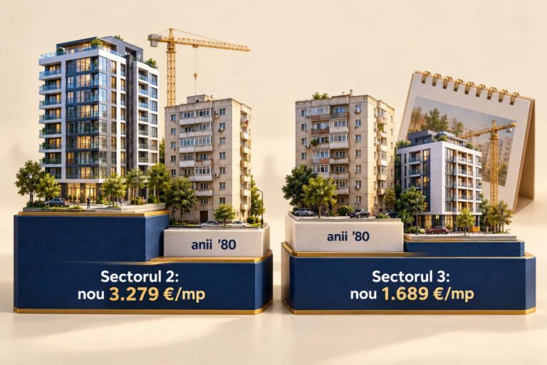 Prețul de vânzare după vechimea blocului în 2025-2026: blocul de după 2020 la 3.279 de euro pe metru pătrat în Sectorul 2 și la 1.689 în Sectorul 3, iar blocul din 1966-1978 cel mai ieftin în toate sectoarele.