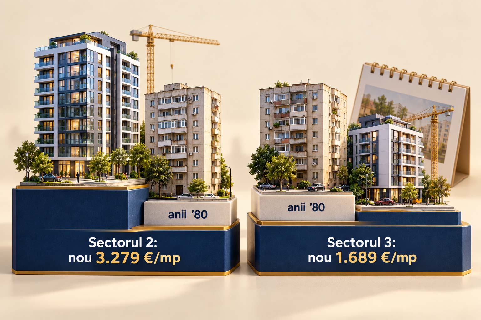 Prețul de vânzare după vechimea blocului în 2025-2026: blocul de după 2020 la 3.279 de euro pe metru pătrat în Sectorul 2 și la 1.689 în Sectorul 3, iar blocul din 1966-1978 cel mai ieftin în toate sectoarele.