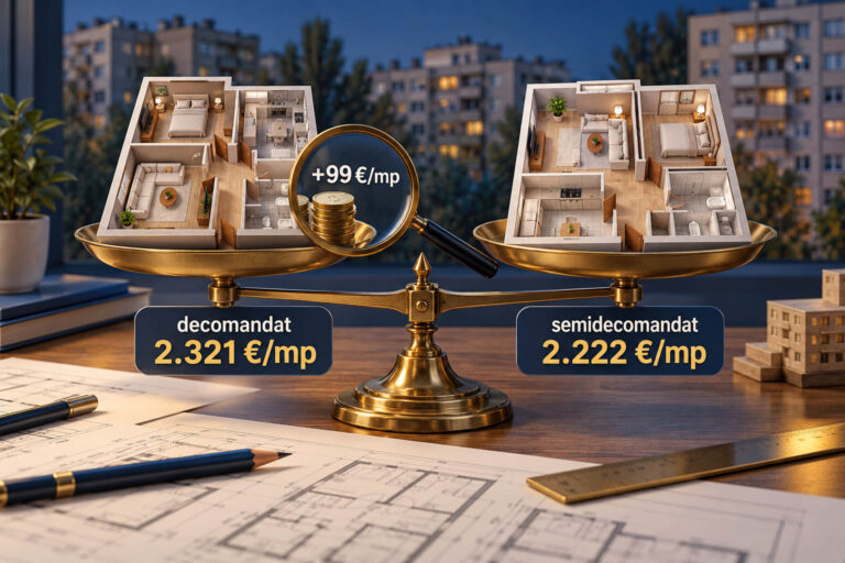 Diferența de preț dintre apartamentele decomandate și semidecomandate pe vânzările din 2025-2026: 2.321 față de 2.222 de euro pe metru pătrat, 4,5%, care scade la 2% în același cartier și aceeași generație de bloc.