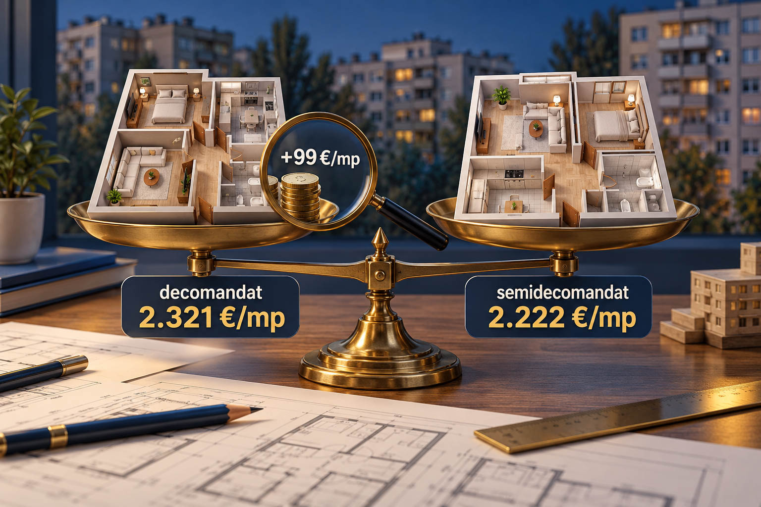 Diferența de preț dintre apartamentele decomandate și semidecomandate pe vânzările din 2025-2026: 2.321 față de 2.222 de euro pe metru pătrat, 4,5%, care scade la 2% în același cartier și aceeași generație de bloc.