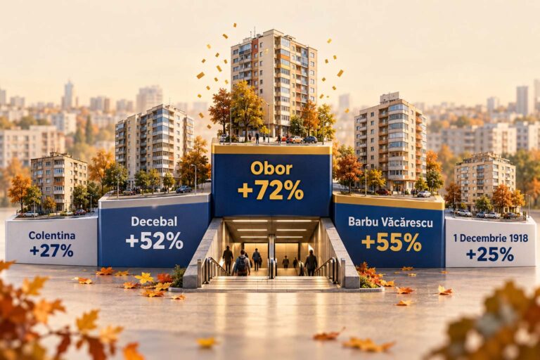 Creșterea prețului de vânzare pe metru pătrat între 2021-2022 și 2025-2026: 72% în Obor, 55% în Barbu Văcărescu, 52% în Decebal, 42% în Dristor, 36% în Titan, 27% în Colentina.