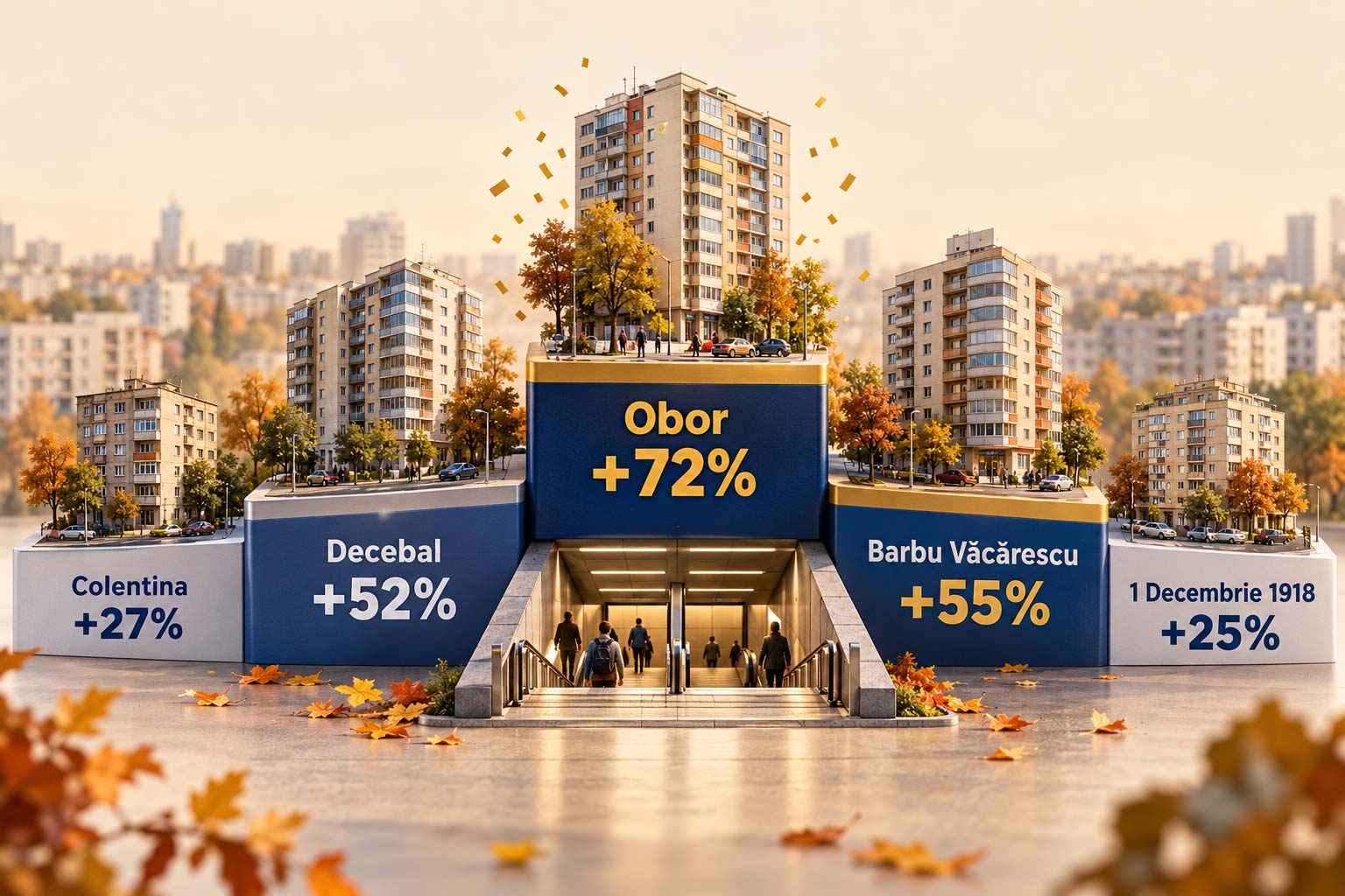 Creșterea prețului de vânzare pe metru pătrat între 2021-2022 și 2025-2026: 72% în Obor, 55% în Barbu Văcărescu, 52% în Decebal, 42% în Dristor, 36% în Titan, 27% în Colentina.
