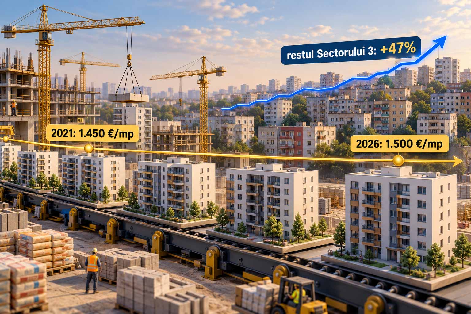 Prețul de vânzare în Theodor Pallady a rămas aproape neschimbat, de la 1.450 de euro pe metru pătrat în 2021 la 1.500 în 2026, în timp ce restul Sectorului 3 a urcat cu 47%.
