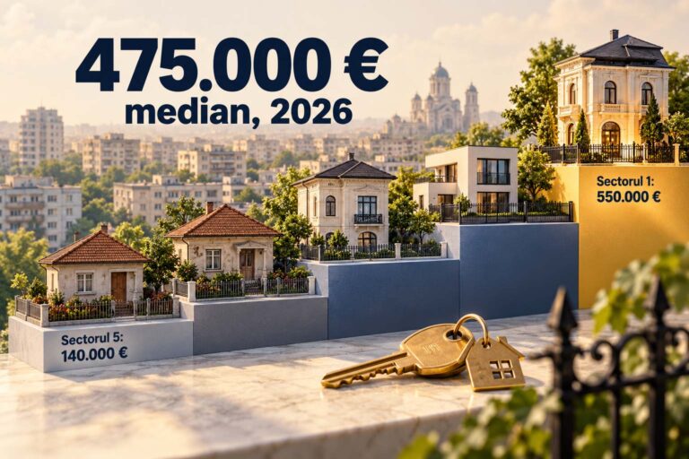 Prețul median al caselor vândute în București în 2026: 475.000 de euro, de la 140.000 în Sectorul 5 la 550.000 în Sectorul 1.