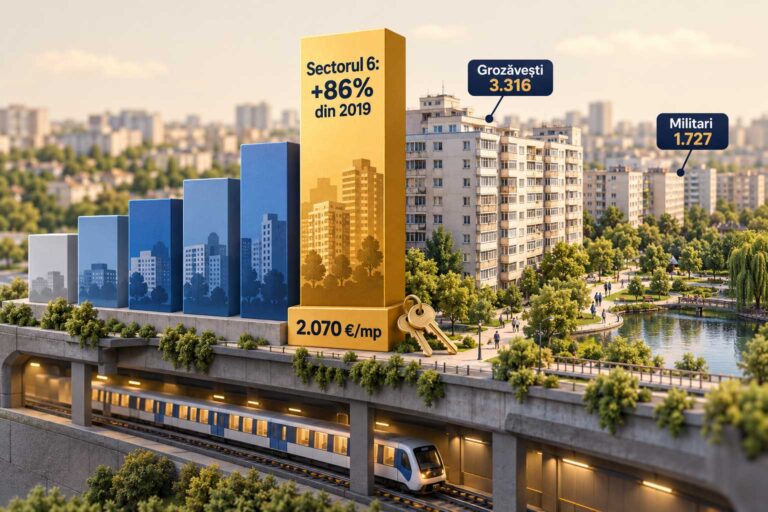 Prețurile la care s-au vândut apartamentele din Sectorul 6 în 2026: median 2.070 de euro pe metru pătrat și 108.000 de euro, cu 86% peste 2019, de la 3.316 în Grozăvești la 1.727 în Militari.