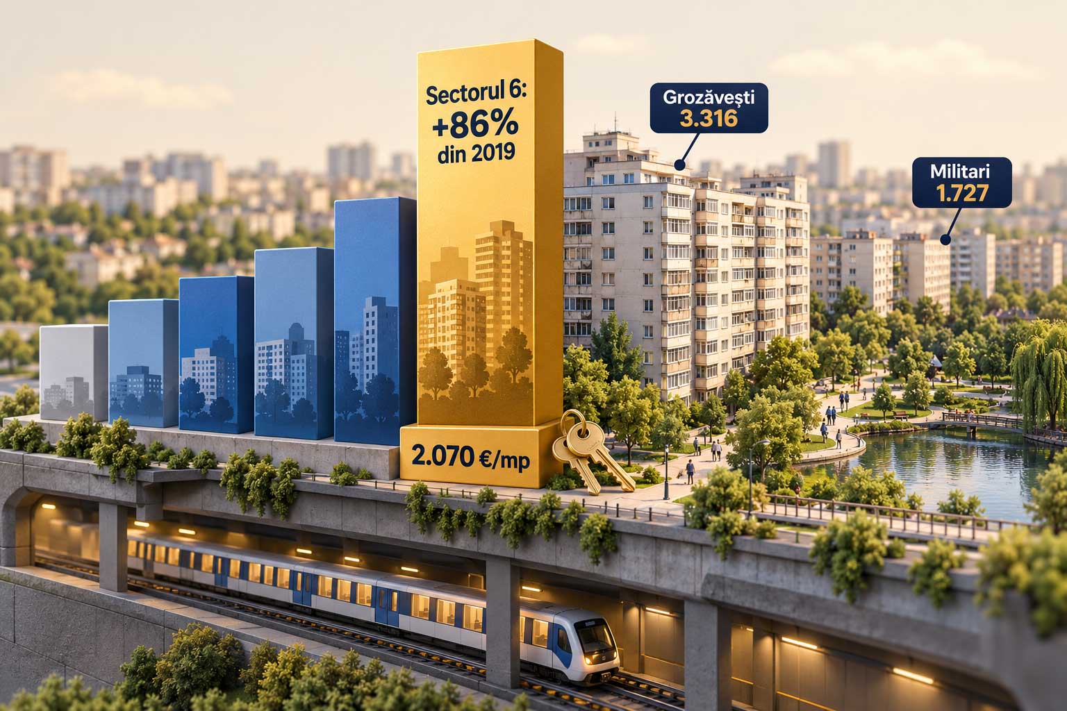 Prețurile la care s-au vândut apartamentele din Sectorul 6 în 2026: median 2.070 de euro pe metru pătrat și 108.000 de euro, cu 86% peste 2019, de la 3.316 în Grozăvești la 1.727 în Militari.