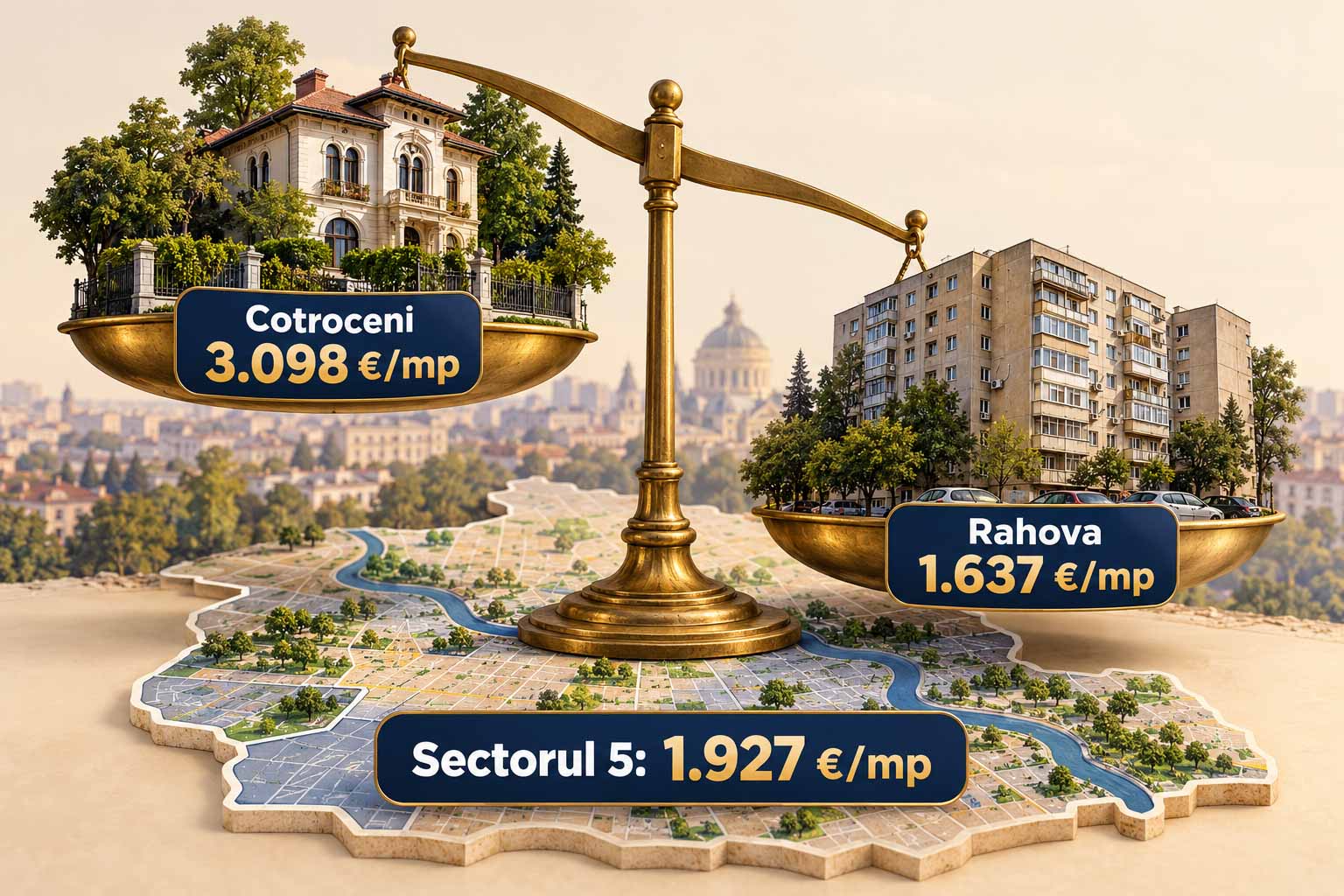 Prețurile la care s-au vândut apartamentele din Sectorul 5 în 2026: median 1.927 de euro pe metru pătrat, cel mai mic dintre sectoare, de la 3.098 în Cotroceni la 1.637 în Rahova.